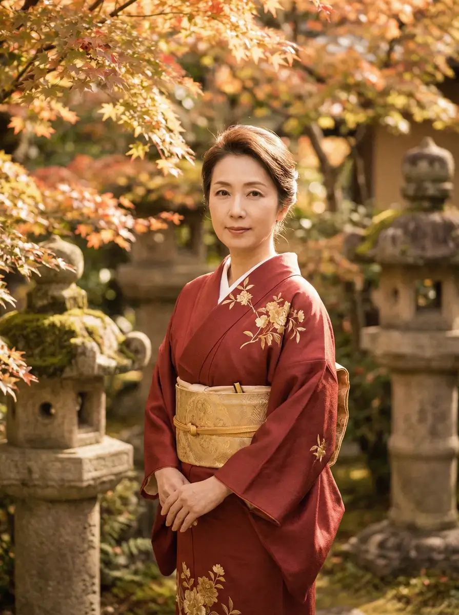 一位身穿暗红色和服的优雅 熟女a片 在日式庭院中